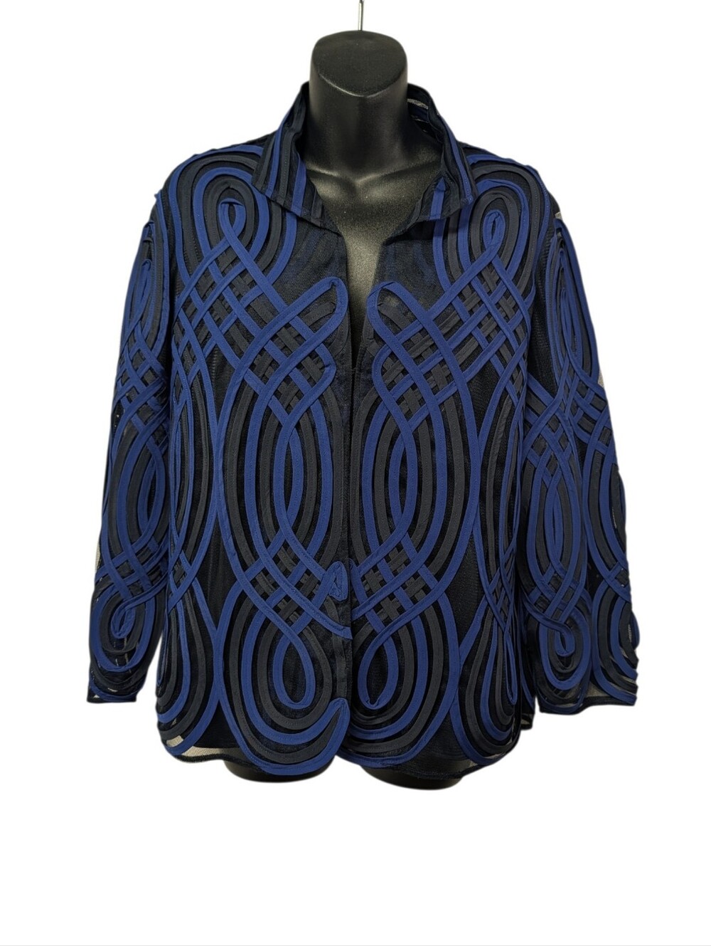 Chico's Travelers Black Blue Mesh Embroidered Geometric Open Front Jacket Sz 10